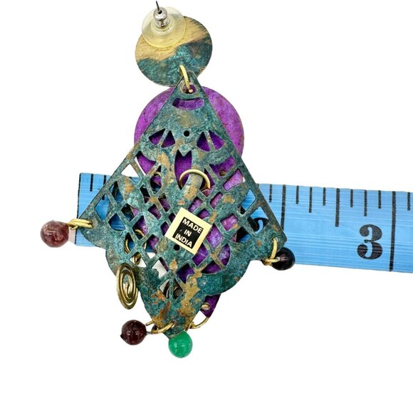 Statement Dangle Earrings Purple Green Geometric Brass Details Gemstone Accents - Picture 7 of 7